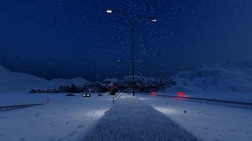 Vehicles Passing Through Tunnel in Snowy Weather at Night