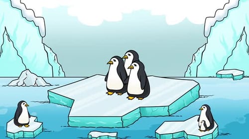 Cartoon Penguins on Ice Floes Loop Animation