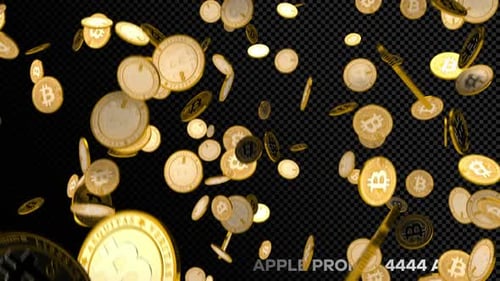 Golden Bitcoin Coins Falling with Alpha Channel