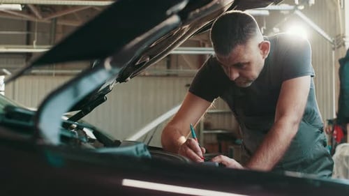 Car Mechanic Examining Engine with Measuring Device