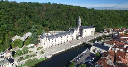 Aerial view of Benedictine Abbey of Brantome and river, France