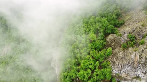 Flying Through Clouds Above Mountain Forest Morning Mist Aerial View Wonderful Inspiring Natural