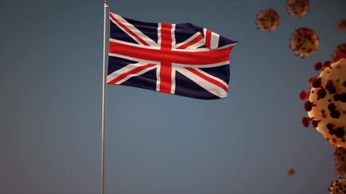 United Kingdom Flag Waving with Floating Virus Particles 3D Animation