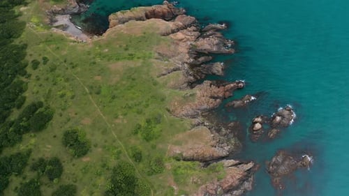 Drone flight above a picturesque rocky coastline