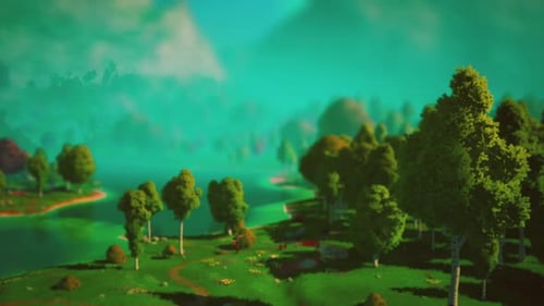 Cartoon Green Forest Landscape with Trees and Lake