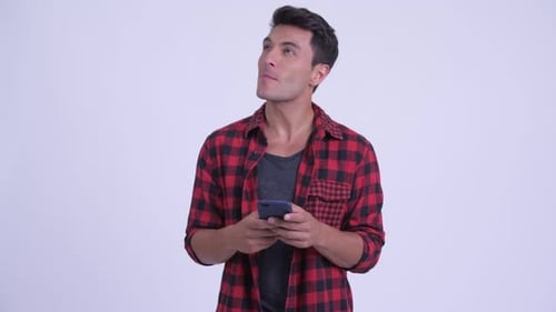 Man Using Smart Phone and Thinking