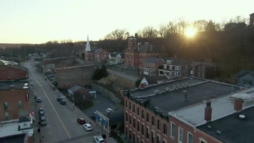 Small Town Streets at Sunset Aerial View