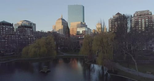 Flying Over the Boston Common Park In The City Center