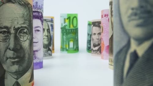 Konzept des Geldwechsels in Fremdwährung. Viele Banknoten verschiedener Nationen.