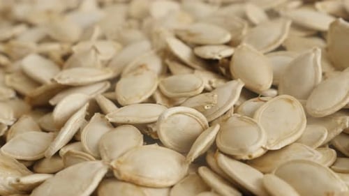 Slow pan on edible pepita heap 4K 2160p 30fps UltraHD footage - Organic pumpkin seed close-up 3840