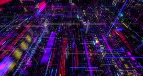 Nahtloses Durchfliegen abstrakter Schaltkreise mit digitalem Grid-Hintergrund