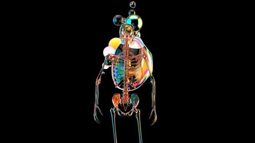 Colorful Fluid Bubbles Fill Translucent Human Skeleton