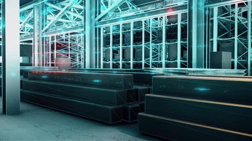 Warehouse Interior With Boxes Hologram 4k