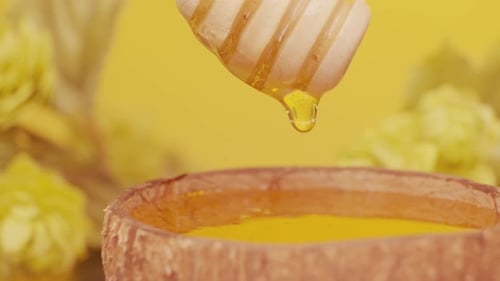 Golden Honey Dripping from Dipper into Bowl