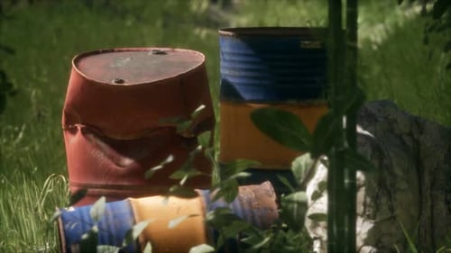 Rusty Barrels in Green Forest