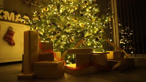 Golden Gifts Under a Glowing Christmas Tree