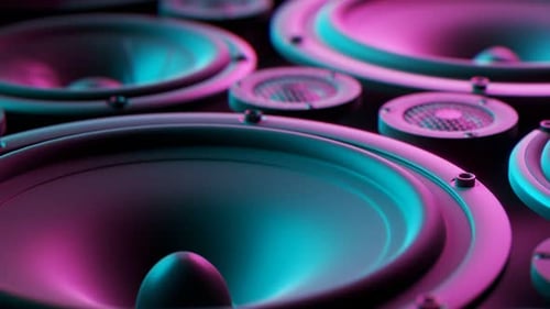 Playing speaker membranes stacked in endless loop. Lit by colourful retro lights