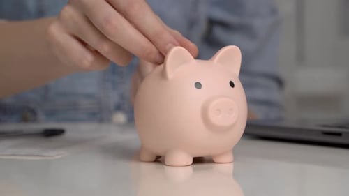 Female hand puts coins in a piggy bank. Money saving concept