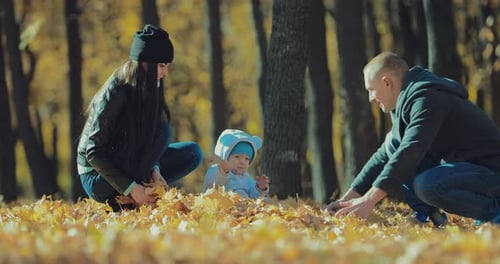 Happy Family Playing with Autumn Leaves in Park