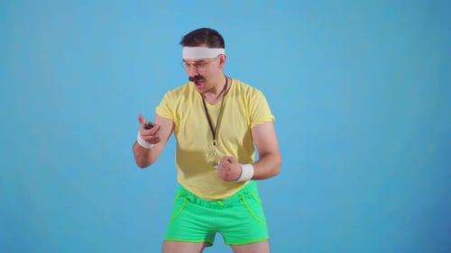 Retro Workout Guy Celebrates With Stopwatch
