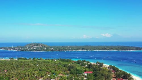 Aerial sky of tranquil lagoon beach trip by blue water and white sand background of adventure near s