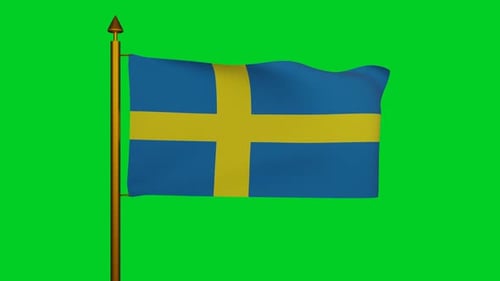 National flag of Sweden waving with flagpole on chroma key, Sveriges flagga with yellow Nordic cross