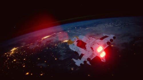 Futuristic Spaceship Orbiting Earth at Night
