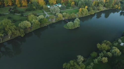 Flight over the autumn park. Trees with yellow autumn leaves are visible. Aerial photography.