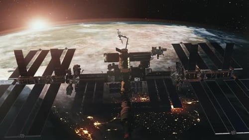 International Space Station Over Earth Covered with Clouds