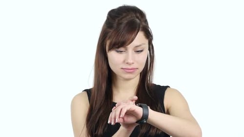 Woman Using Smart Watch on White Background