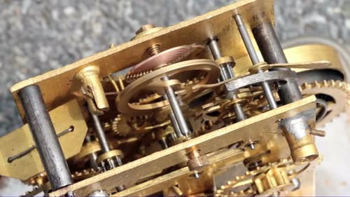 Clock Gears and Springs Spinning Mechanism Close Up
