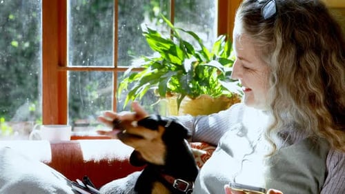 Woman Pets Dog and Looks at Cell Phone
