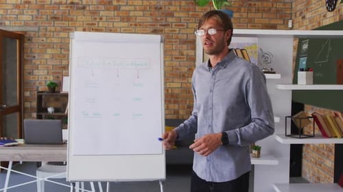 Portrait of caucasian male teacher teaching in the classroom at school