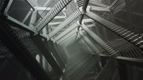 Brutalistische Abstiegsschleife durch das Treppenlabyrinth. Strahlend weißes Licht und neblige Atmosphäre. 4KHD