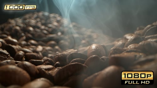 Steaming Pile of Roasted Coffee Beans, Close Up