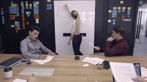 Corporate Team Strategy Session at Whiteboard in Office