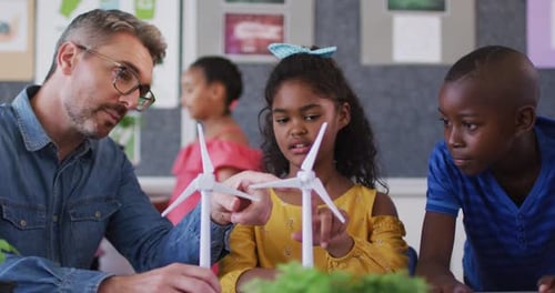 Teacher Explains Wind Power to Students at School