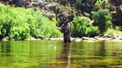 Fisherman fly fishing in river