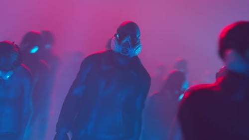 Futuristic Figures in Gas Masks Walking Through Neon Fog