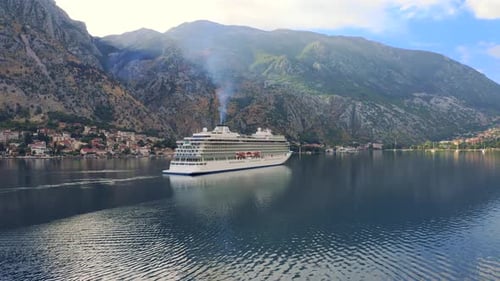 Cruise Liner Ship Swimming at Blue Adriatic Sea on Mountains Landscape Port of Kator Montenegro