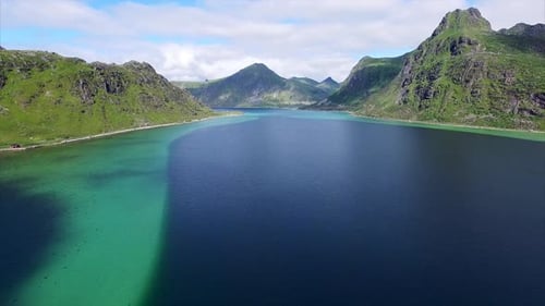 Amazing fjord on Lofoten in Norway, aerial view