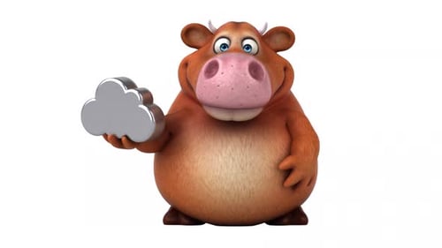 3D Cartoon Cow Holding Cloud Icon Winks and Points