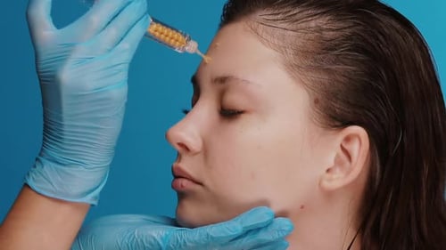 Close-up of Woman with Fresh Clean Skin Getting Yellow Marks By Syringe Filler with Doctor in Blue
