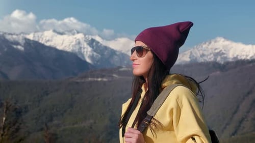 Travel Woman Backpack Admiring Nature Landscape Snow Mountain Peak Winner Discovery Exploration