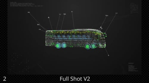 Holographic Wireframe Bus Animation with Futuristic UI Elements