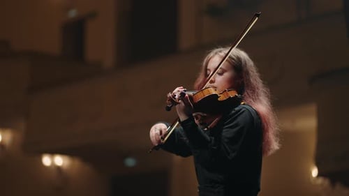 Woman with Fiddle on Scene of Music Hall or Opera House Portrait of Musician in Philharmonic Hall