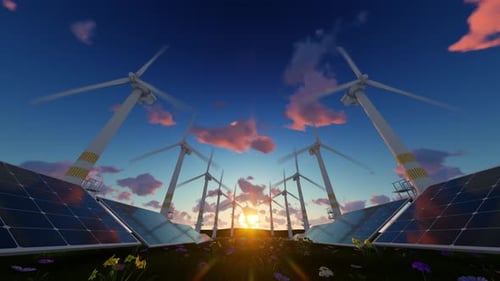 Solar Panels With Windmills At Sunset