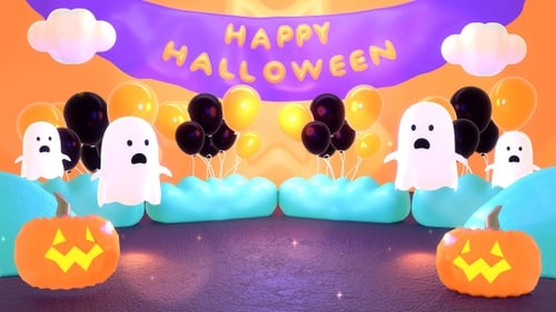Cute Cartoon Happy Halloween Background with Animated Ghosts and Pumpkins