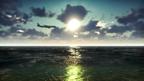 Flugzeug fliegt bei Sonnenaufgang über den Ozean