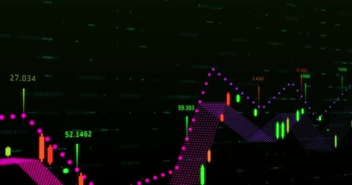 Multicolored graph and numbers moving against black background
